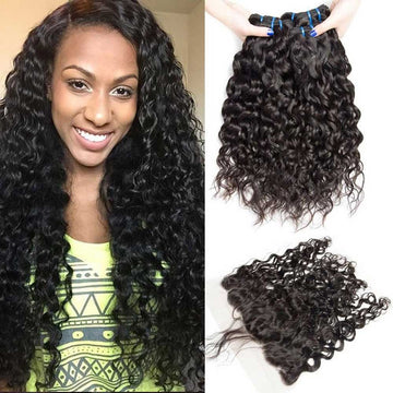 Beaudiva Easy to Install Water Wave Human Hair Weaves 3 Bundles With Ear to Ear Lace Frontal